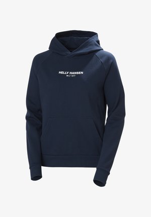 Sudadera azul marino con capucha ajustable, mangas largas, bolsillo delantero y logo 'HELLE HANSEN 1877' en blanco. Fabricada con tela suave.