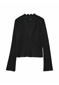 Haut noir à manches longues avec un décolleté en V festonné, un motif texturé et une coupe ajustée, fabriqué en tissu doux.