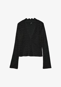 Top negro de manga larga con escote en V con ondas, patrón texturizado y diseño ajustado, fabricado en tejido suave.