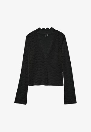 Melna, garām piedurknēm, blūze ar viļņotu V-veida kakla izgriezumu, teksturētu rakstu un pieguļošu dizainu, izgatavota no mīksta auduma.