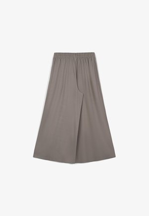 Hose mit weitem Bein aus weichem, grauem Stoff mit elastischem Bund und Seitentasche; glatte Textur, lockere Passform, keine sichtbaren Muster.