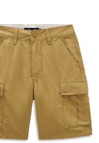 Khaki cargoshorts met een gladde textuur, voorzien van twee zijzakken, twee cargozakken, knoopsluiting en riemlussen.