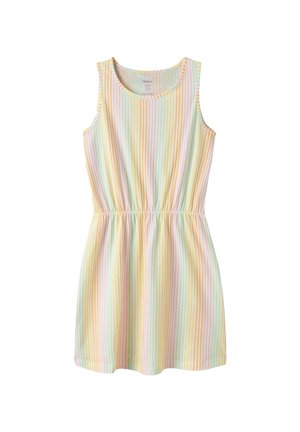 Robe sans manches jusqu'aux genoux avec taille élastique et rayures verticales pastel en jaune, rose, vert et blanc.