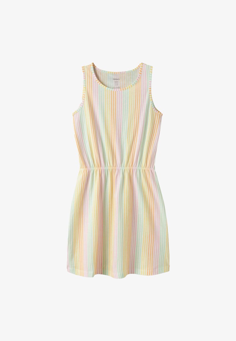 Robe sans manches jusqu'aux genoux avec taille élastique et rayures verticales pastel en jaune, rose, vert et blanc.