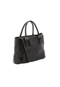 Borsa a mano nera in pelle con doppi manici superiori, dettagli in metallo dorato, texture liscia, forma strutturata e sottili dettagli curvi sui lati.