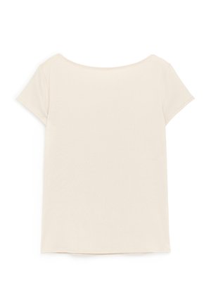 T-shirt beige à manches courtes avec un large col rond, vu de dos sur fond blanc.