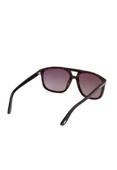 Tortoise-shell framed sunglasses with dark gradient lenses and a rectangular shape, shown from the back on a white background.