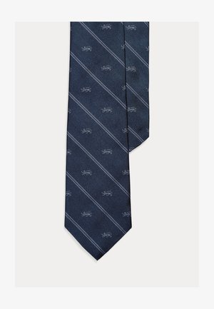 Gravata azul-marinho com riscas diagonais brancas e padrão texturado. Apresenta pequenos desenhos bordados em branco por todo o tecido. Comprimento e largura padrão.