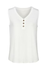 Top bianco senza maniche con scollatura a V, dotato di tre bottoni metallici lungo la patta. Realizzato in un tessuto morbido con una superficie liscia.