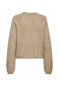 Pull beige en maille avec un col rond, des poignets côtelés et des motifs complexes sur les manches. Texture douce et coupe courte.