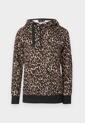 Sweatshirt à capuche en tissu doux avec un imprimé léopard, présentant un ourlet et des cordons de contraste noirs. Coupe ample avec des manches longues.