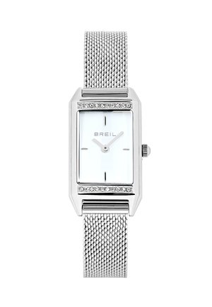 Orologio da polso Breil Silver con quadrante rettangolare, quadrante minimalista, accenti in cristallo sopra e sotto il display e cinturino in metallo a maglia.