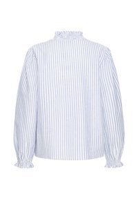 Blusa a righe in cotone azzurro chiaro e bianco, con collo alto arricciato, maniche lunghe a sbuffo e polsini elasticizzati.