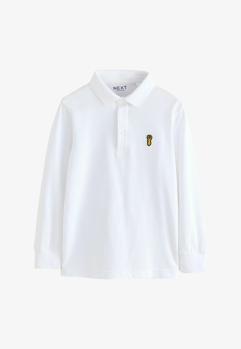 Polo blanc à manches longues avec col et deux boutons, avec un petit logo homard jaune sur la poitrine gauche.