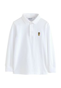 Camisa polo blanca de manga larga hecha de algodón, con cuello, tapeta de tres botones y un pequeño bordado de langosta amarilla en el pecho.