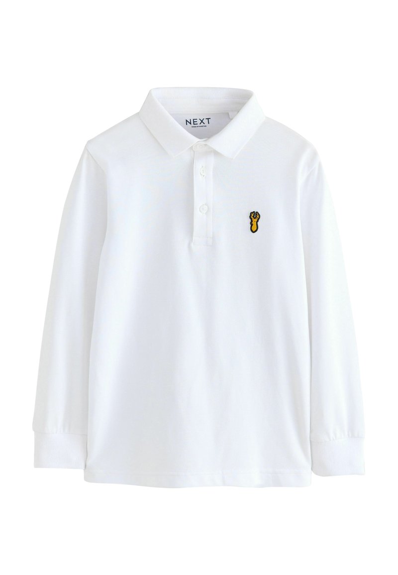 Camisa polo blanca de manga larga hecha de algodón, con cuello, tapeta de tres botones y un pequeño bordado de langosta amarilla en el pecho.