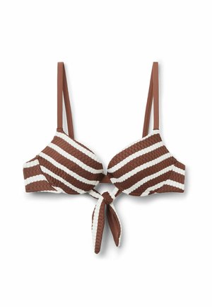 Brązowo-biały bikini top w poziome paski, z wyściełanymi miseczkami, wąskimi ramiączkami i wiązaniem z przodu.