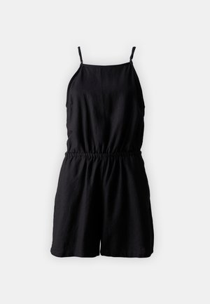 Jumpsuit noir sans manches avec bretelles fines, taille élastique et coupe ample. Fabriqué en tissu doux avec une texture lisse.