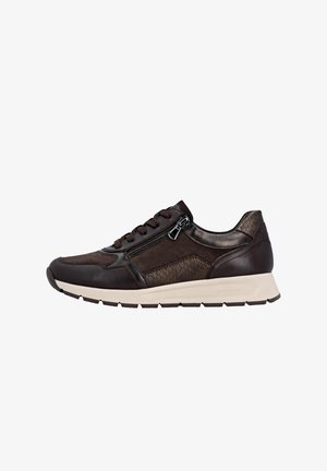 Brown leather and suede sneaker with textured accents, a zip closure, laces, and a cream outsole. Features a sporty shape and design.