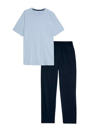 T-shirt en coton gris à manches courtes associé à un pantalon de lounge bleu marine avec cordon de serrage, présentant une coupe décontractée et une texture lisse.
