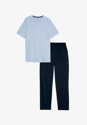 T-shirt en coton gris à manches courtes associé à un pantalon de lounge bleu marine avec cordon de serrage, présentant une coupe décontractée et une texture lisse.
