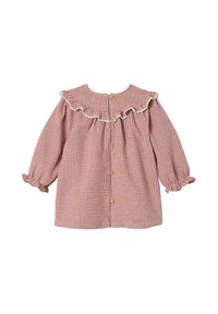 Rot-weiße kariertes Bluse mit rüschigem Kragen, langen Ärmeln mit elastischen Bündchen und Holzknopfverschluss vorn.