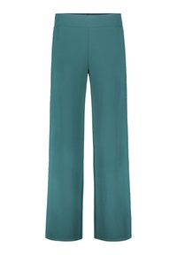 Teal wide-leg trousers made of smooth fabric with a flat waistband, featuring a clean, minimalist design and no visible fastenings.