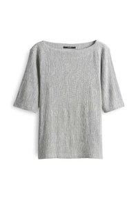 Gray and black checked loose-fitting top with a wide neckline and short sleeves; textured fabric with a grid pattern.