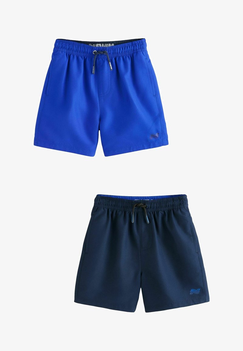 Costumi da bagno blu e blu scuro, con vita elastica e cordino. Tessuto morbido, due tasche laterali e logo del brand sulla gamba sinistra di ogni paio.