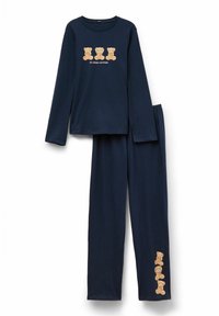 Námořnická modrá pyžamo set s dlouhým rukávem a kalhotami, přičemž na tričku jsou tři medvídci a text "MŮJ TÝDENNÍ POSTOJ", a na nohavicích kalhot jsou také medvídci.