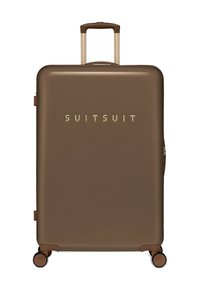 Harde koffer in donkerbruin met een glanzende afwerking. Voorzien van een uittrekbare handgreep, vier wielen en een reliëf "SUITSUIT" logo in goud.