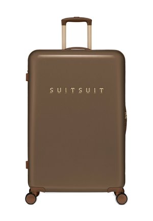Harde koffer in donkerbruin met een glanzende afwerking. Voorzien van een uittrekbare handgreep, vier wielen en een reliëf "SUITSUIT" logo in goud.