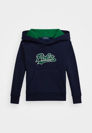 Námořnická mikina s kapucí v zelené barvě, obsahující přední klokanku a bílým logem "Polo" pod kterým je "RALPH LAUREN".