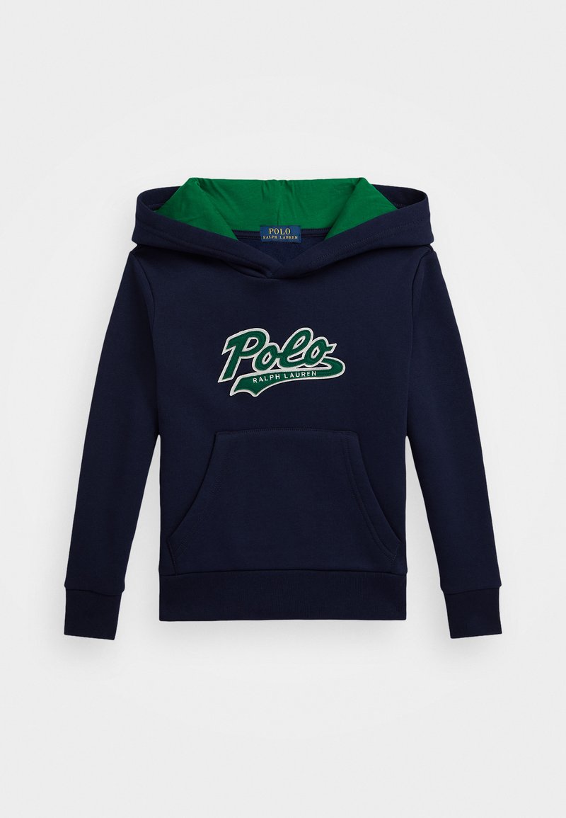 Felpa blu marina con cappuccio interno verde, dotata di tasca anteriore a marsupio e logo bianco "Polo" con "RALPH LAUREN" sottostante.