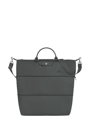 Dark grey tote bag made of durable nylon, featuring two handles and a detachable shoulder strap, with a zippered closure and embossed logo.