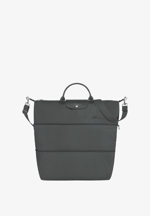 Dunkelgraue Tragetasche aus strapazierfähigem Nylon, mit zwei Henkeln und einem abnehmbaren Schultergurt, mit einem Reißverschluss und geprägt Logo.