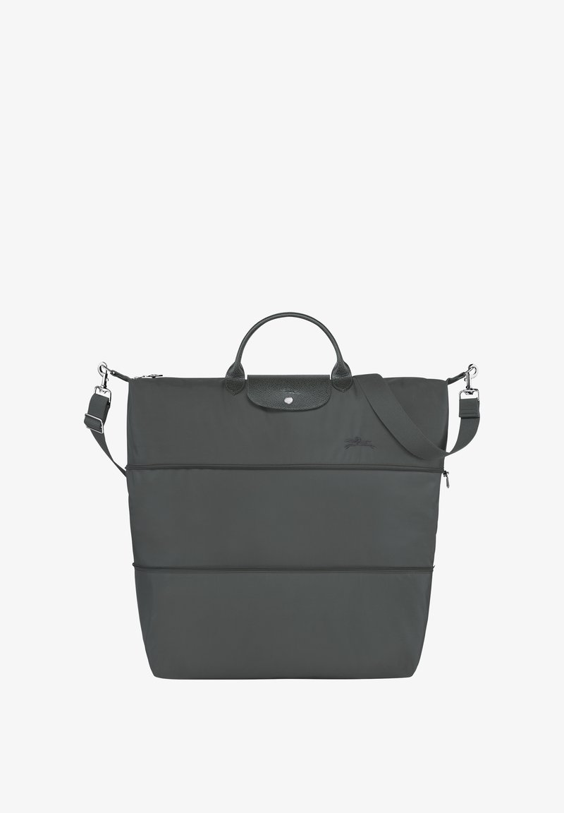 Dark grey tote bag made of durable nylon, featuring two handles and a detachable shoulder strap, with a zippered closure and embossed logo.