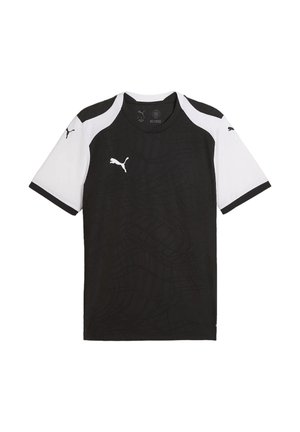 Kurzärmeliges Sporttrikot mit schwarzem Körper, weißen Schultern und Ärmeln und Puma-Logos auf Brust und Ärmeln.