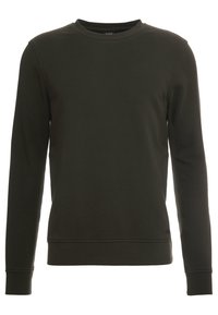 Felpa verde scuro, realizzata in tessuto morbido, presenta un collo a giro, maniche lunghe e polsini e orlo a costine per una vestibilità aderente.