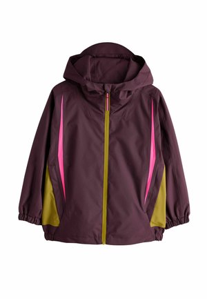 Detská kapucňová bunda tmavofialovej farby s ružovými bočnými akcentmi, olivovo zelenými panelmi pod pazuchami, predným zipsom a elastickými manžetami.