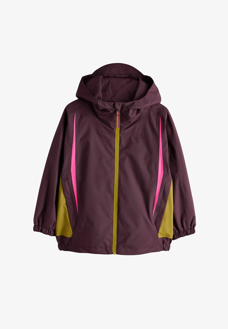 Otroška jopa s kapuco v temno vijolični barvi z roza poudarki na straneh, olivno zelenimi pod pazduhami, z zadrgo spredaj in elastičnimi manšetami.