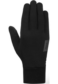 Des gants noirs en tissu élastique présentant un design flexible avec un poignet ajusté et un accent logo au niveau du poignet. Texture lisse.