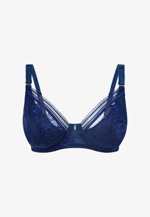 Sostén de encaje azul marino con inserciones de malla transparente y tirantes ajustables. Presenta patrones florales, un cierre de gancho y delicados acentos de ribete.