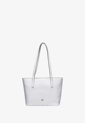 Borsa a tracolla bianca in pelle con due manici, forma rettangolare, superficie liscia e un sottile logo in rilievo sul frontale.