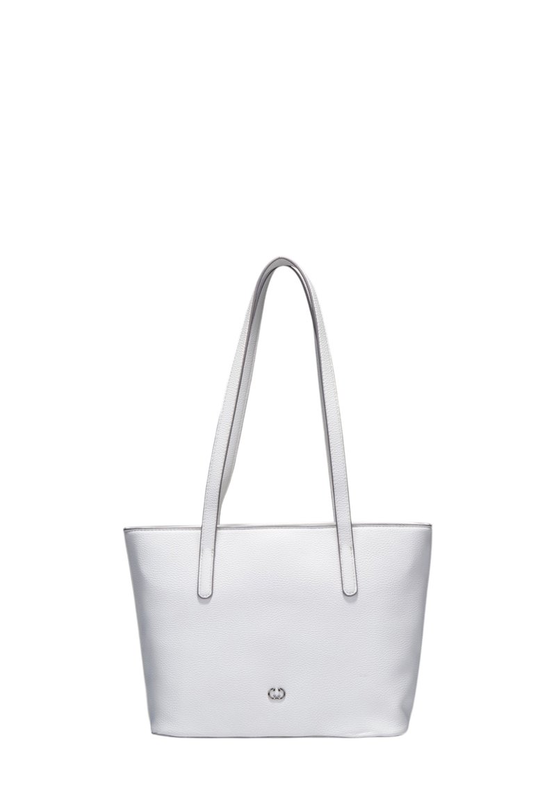Hvid læder tote bag med to skulderremme, rektangulær form, glat tekstur og et diskret præget logo på forsiden.