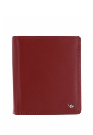 Red leather bifold wallet with stitched edges and a small silver Viking helmet logo in the bottom right corner.