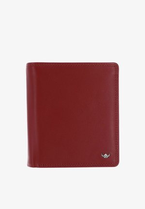 Portefeuille bifold en cuir rouge avec bords cousus et un petit logo casque viking argenté dans le coin inférieur droit.