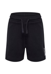 Svarta bomullsshorts med elastisk midjeband, snörning och vitt märke på nedre högra sidan. Slät textur, knälång klippning.