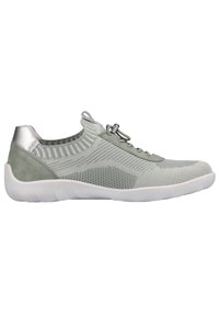 Graue gestrickte Sportschuh mit Obermaterial aus Mesh, Wildlederakzenten und Gummisohle. Verfügt über ein schlupffreundliches Design und elastische Schnürsenkel für leichtes An- und Ausziehen.