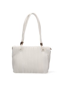 Borsa a mano bianca con pieghe, dalla forma strutturata, dotata di due manici lunghi, dettagli in metallo rotondo e superficie testurizzata. Chiusura con zip.